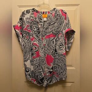 Ruby Rd. Pink, Black & White Paisley Tie-Front Short Sleeve Top